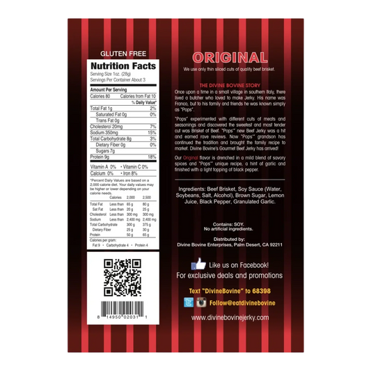 Divine Bovine Original Beef Jerky bag back with nutrition facts, ingredients, Contains Soy and gluten free label