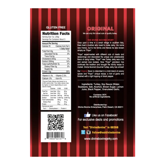 Divine Bovine Original Turkey Jerky bag back with Gluten Free badge, nutrition facts, ingredients and the Divine Bovine story