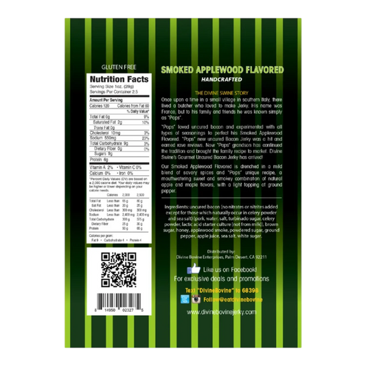 Back of Divine Swine Smoked Applewood Flavored Bacon Jerky bag with nutrition facts, ingredients and the Divine Swine story