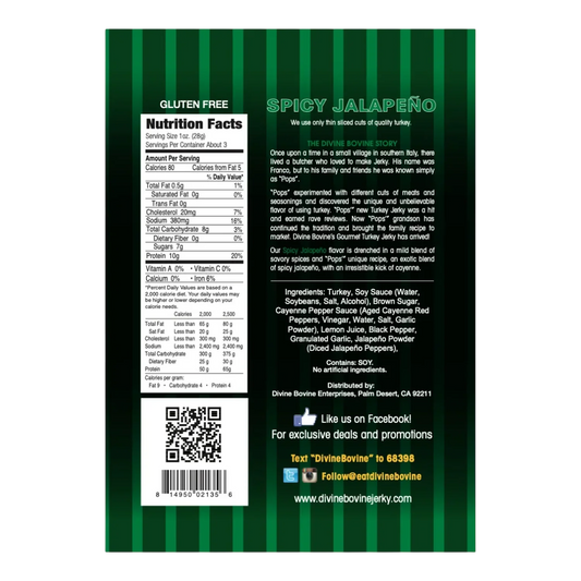 Divine Bovine Spicy Jalapeño Turkey Jerky back: nutrition facts, ingredients, gluten free, Contains soy, brand story