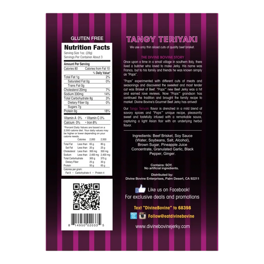 Divine Bovine Tangy Teriyaki beef jerky back: nutrition facts, ingredients, gluten free, brand story, distributor.