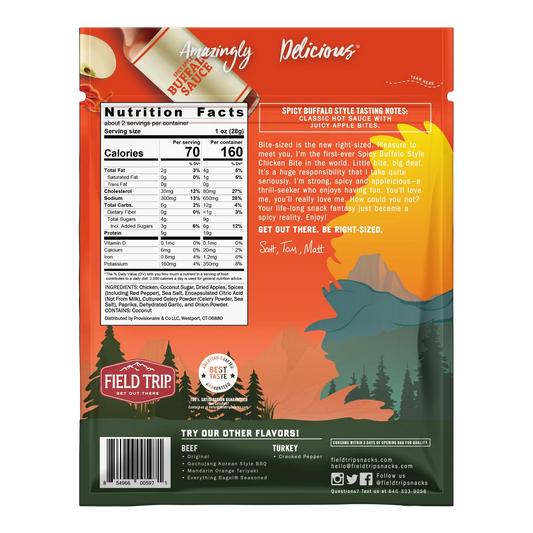 Field Trip Spicy Apple Buffalo Style Chicken Bites bag back with Nutrition Facts, ingredient list, allergen and tasting notes