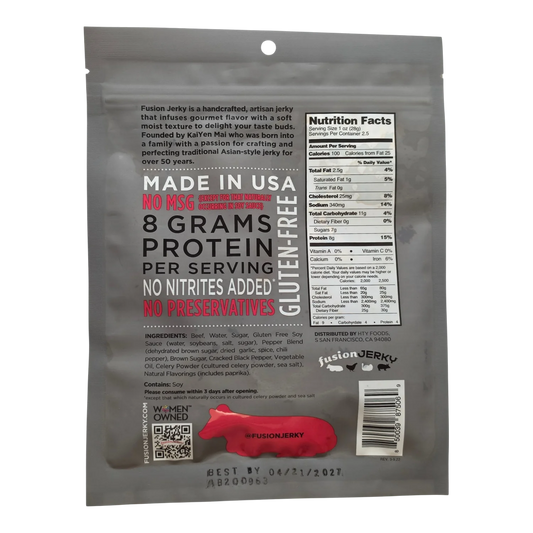 Fusion Jerky Cracked Pepper Beef Jerky back label with Nutrition Facts, ingredients, no MSG, no nitrites added, Made in USA