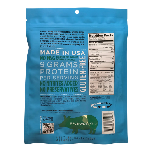 Fusion Jerky Grilled Island Teriyaki Pork Jerky back label with nutrition facts, ingredients, no MSG and gluten-free claims