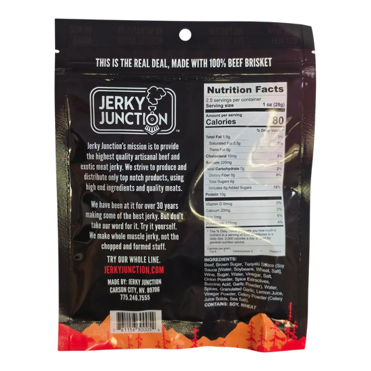 Jerky Junction Hot Brisket Beef Jerky back with Nutrition Facts, ingredients, contains soy and wheat, and brand mission