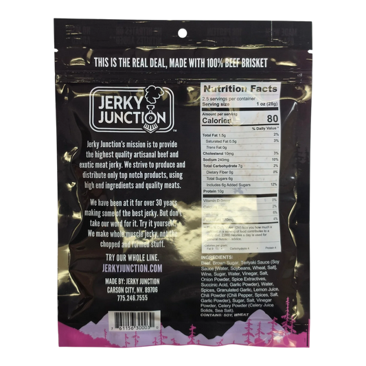 Jerky Junction Sweet & Spicy beef jerky back with Nutrition Facts, ingredients, brand story and 100% beef brisket claim