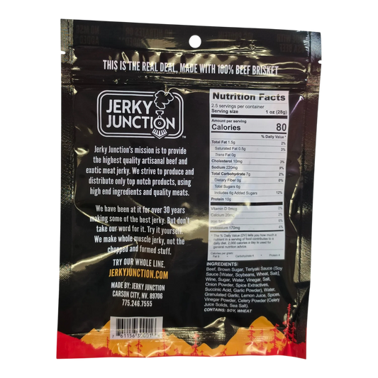 Jerky Junction Teriyaki Tender Brisket Beef Jerky back with Nutrition Facts, ingredients and contains soy, wheat statement