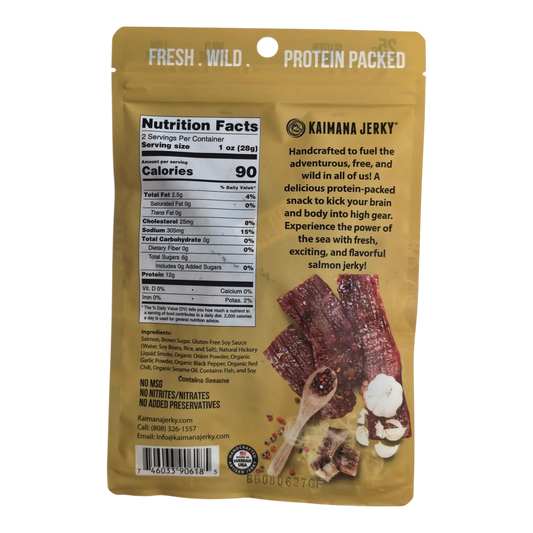 Kaimana Jerky Original Salmon Jerky back of bag with Nutrition Facts, ingredients, allergens and a photo of jerky strips