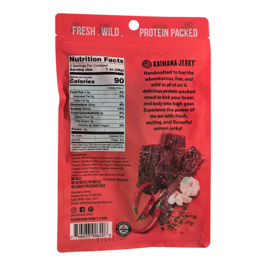 Kaimana Jerky Spicy Salmon Jerky bag back with nutrition facts, ingredients, allergen statement and jerky photo
