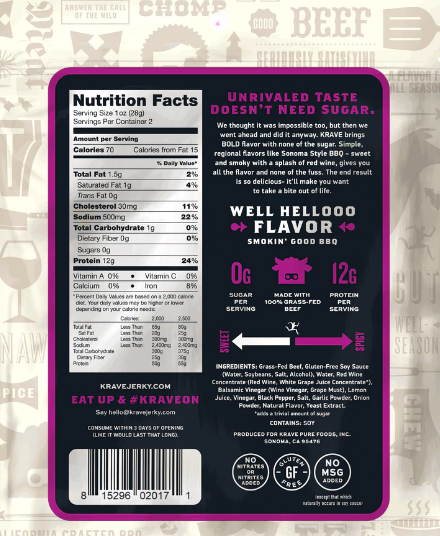 Krave - BBQ Seasoned Beef Jerky (2.7 oz) Back with nutrition facts