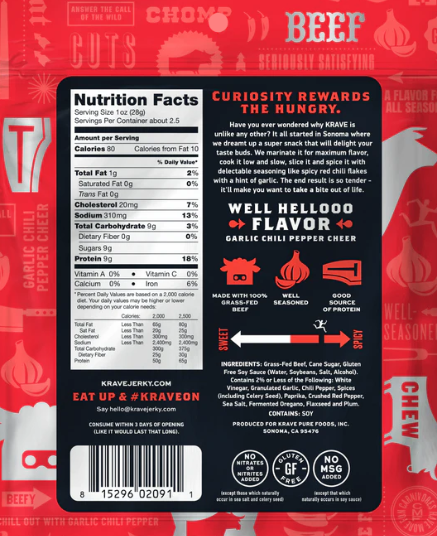Krave - Garlic Chili Pepper Beef Jerky (2.7 oz) Back