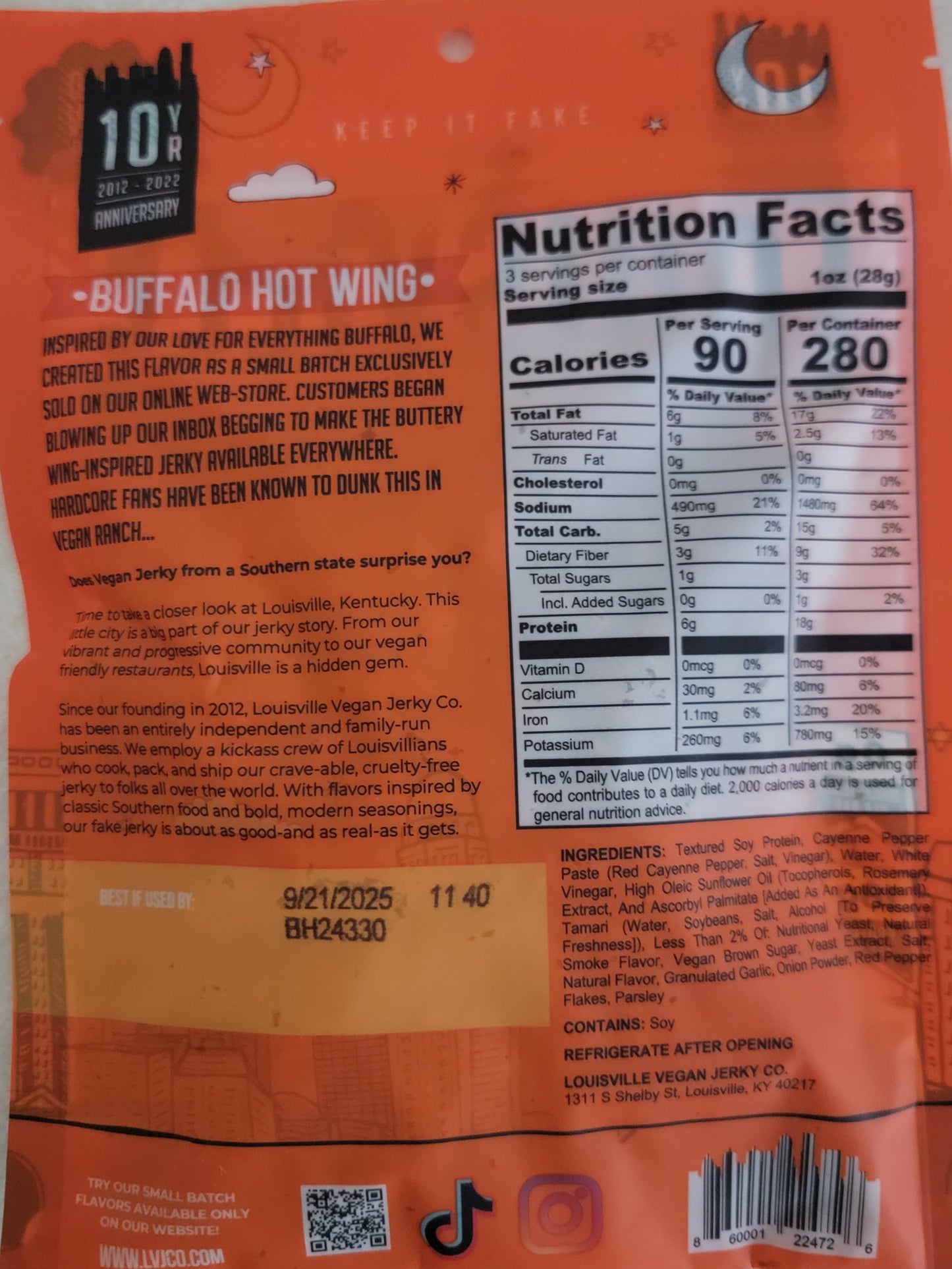 Louisville Vegan Jerky Co - Buffalo Hot Wing Vegan Jerky