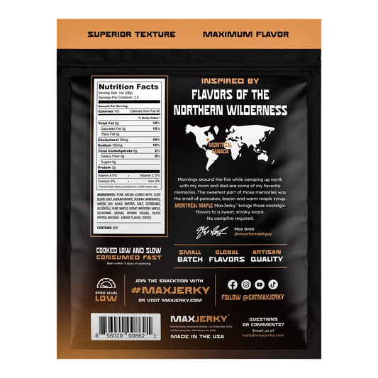 MaxJerky Montréal Maple Bacon Burnt Ends back label with nutrition facts, ingredients, contains soy and Montréal story