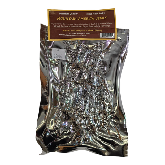 Mountain America Jerky Original Beef Jerky back, silver bag with ingredient label