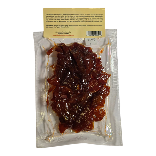 Mountain America Jerky Original Smoked Salmon Jerky back label with smoking process notes, ingredients