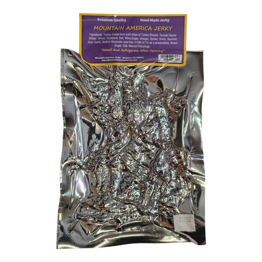 Mountain America Jerky Original Turkey Jerky back label with ingredients, reseal note