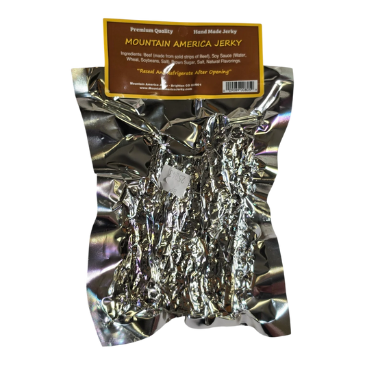 Mountain America Jerky Peppered Beef Jerky back: silver bag, ingredients, reseal note
