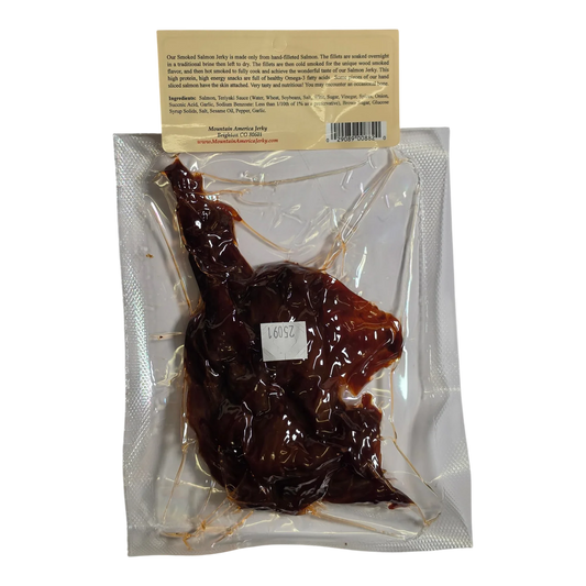 Mountain America Jerky Teriyaki Salmon Jerky back label with smoking process, ingredients