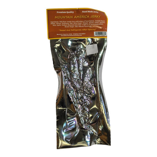 Mountain America Jerky Wild Boar Jerky back: label with ingredients, reseal and refrigerate note