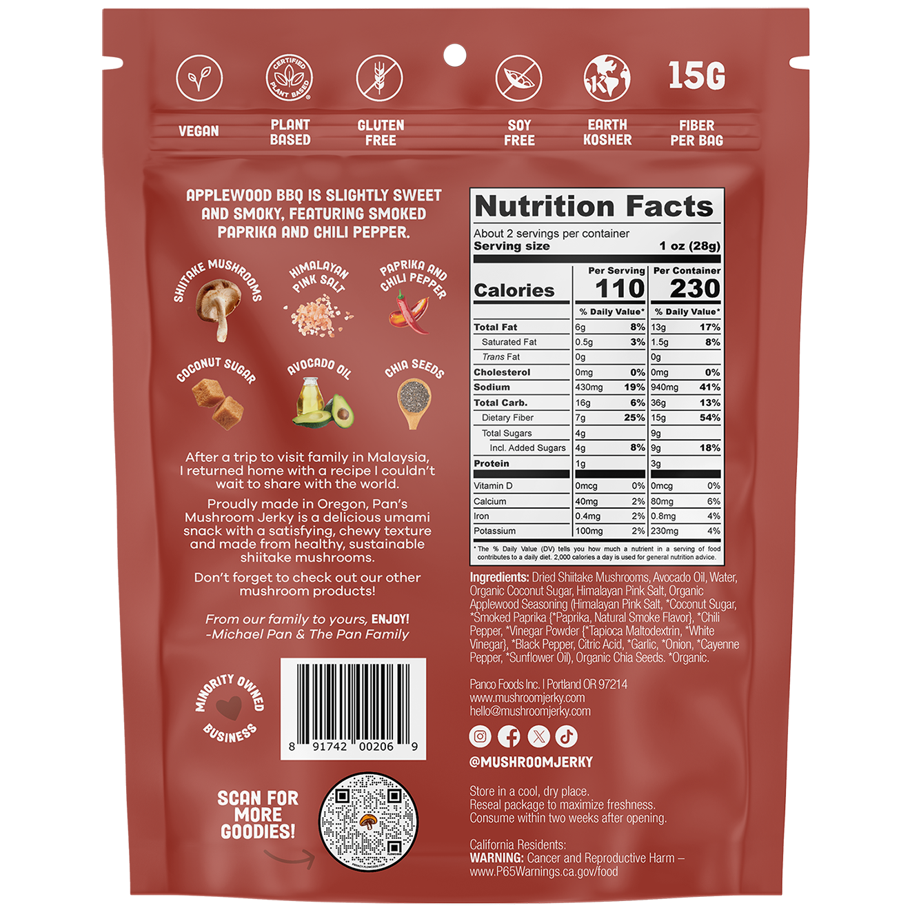 Pan's Mushroom Jerky - Applewood BBQ Mushroom Jerky