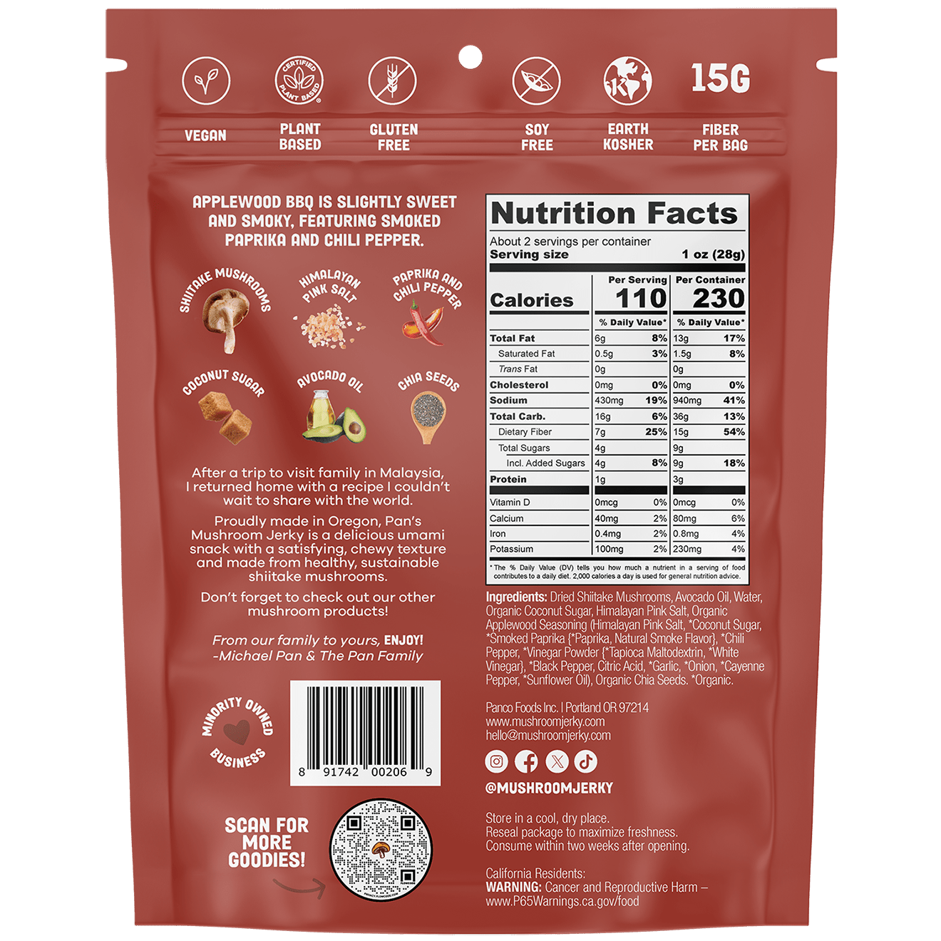 Pan's Mushroom Jerky - Applewood BBQ Mushroom Jerky