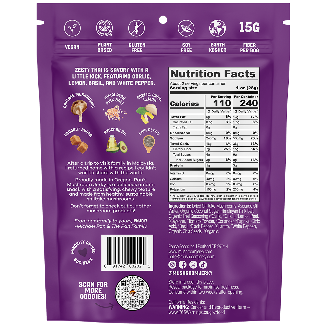 Pan's Mushroom Jerky - Zesty Thai Mushroom Jerky