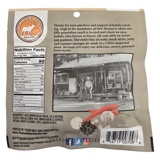 Pearson Ranch Cowboy Original beef jerky back with Nutrition Facts, ingredients and the New Mexico family ranch story