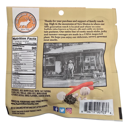 Pearson Ranch Hot & Sweet beef jerky back with Nutrition Facts, ingredients, New Mexico ranch story and UPC barcode
