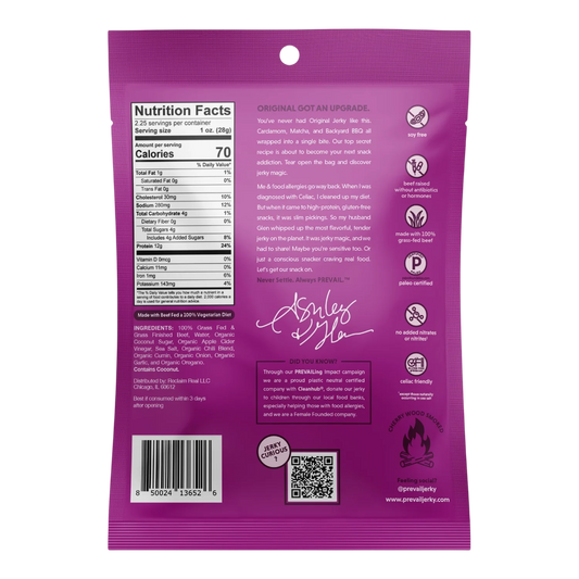 PREVAIL Taco Tuesday Beef Jerky back with Nutrition Facts, ingredients, cherry wood smoked and paleo certified badges