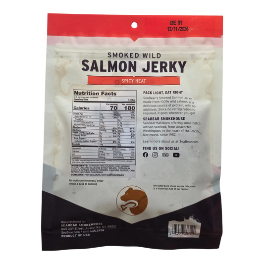 SeaBear Smokehouse Spicy Heat Smoked Wild Salmon Jerky pouch, back, with Nutrition Facts, ingredients and allergen statement