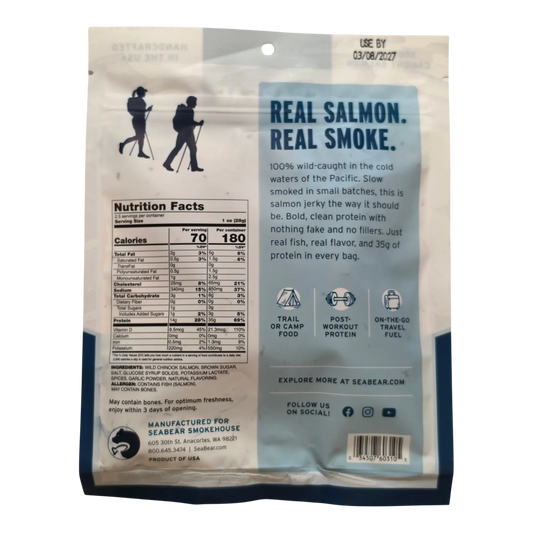 SeaBear Smokehouse Traditional Salmon Jerky bag, back, with nutrition facts, ingredients and Real Salmon Real Smoke text