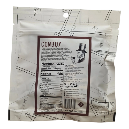 Side Project Jerky Cowboy Flavor Beef Jerky back label with flavor story, Nutrition Facts, ingredients and Gluten Free note
