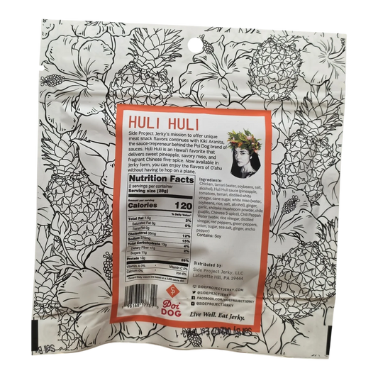 Side Project Jerky Huli Huli Chicken Jerky back of bag with flavor description, Nutrition Facts, ingredients and Poi Dog logo