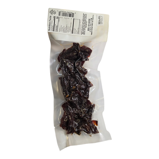 Stripling’s Sweet Heat Honey BBQ beef jerky back with Nutrition Facts, ingredient list and Moultrie, GA producer line