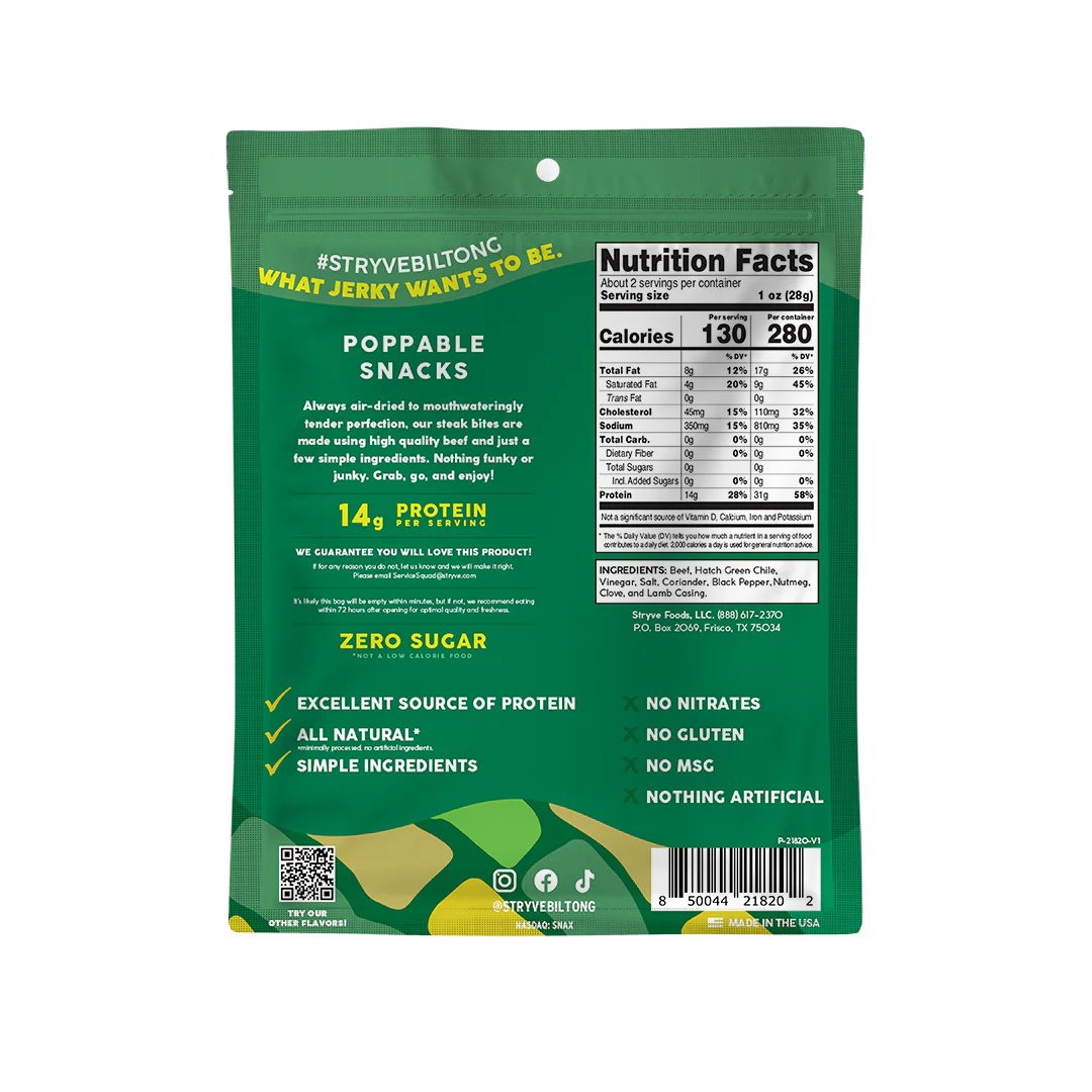 Stryve – Hatch Green Chile Steak Bites Air Dried Beef