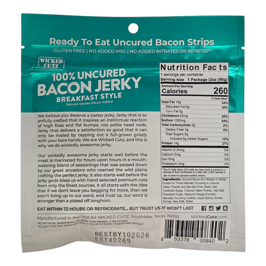 Wicked Cutz Breakfast Style Bacon Jerky back: brand story, Nutrition Facts, ingredient list, no added nitrates or nitrites