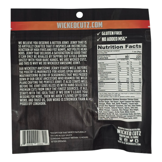 Wicked Cutz Buffalo Style Chicken Jerky bag back with Nutrition Facts, ingredient list, Gluten Free and No Added MSG checks