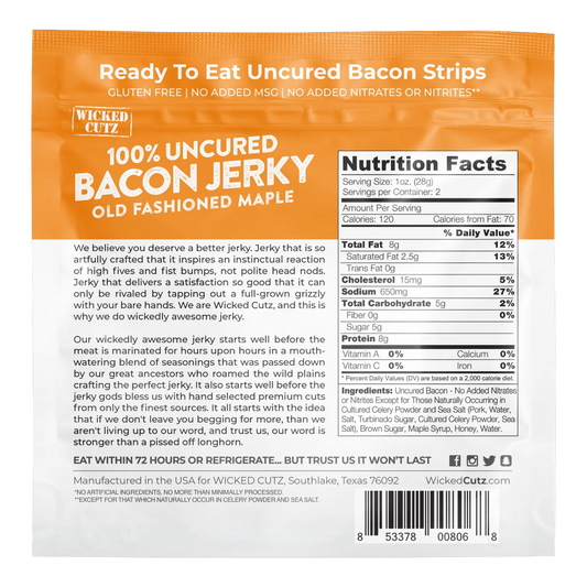 Wicked Cutz Old Fashioned Maple Bacon Jerky bag back with nutrition facts, ingredient list and brand story