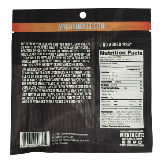 Wicked Cutz Orange Teriyaki Beef Jerky back of package with brand story, no added MSG claim, nutrition facts and ingredients