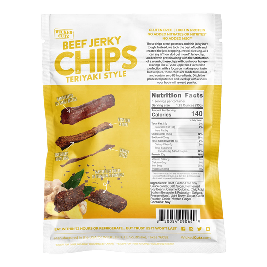 Wicked Cutz Beef Jerky Chips Teriyaki Style back of bag with nutrition facts, ingredients and small batch callouts