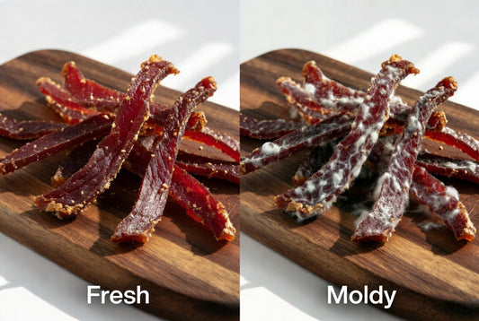 Side-by-side comparison of fresh premium beef jerky versus jerky with white fuzzy mold growth – educational food safety image