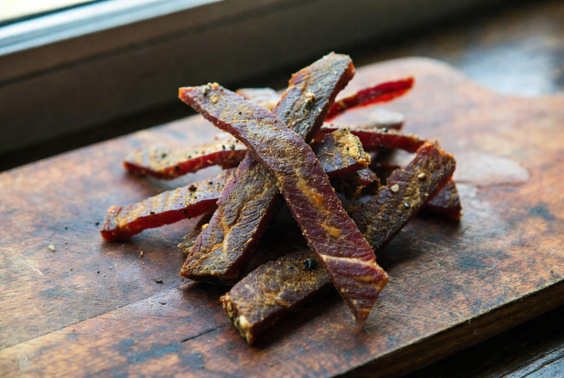 Premium kosher beef jerky strips on a rustic wooden board high-quality snack photography.