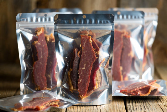 High-quality beef jerky in premium stand-up pouches with clear windows