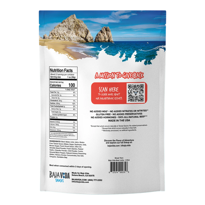 Baja Vida Street Taco Beef Jerky bag back with nutrition facts, ingredient list, Contains Soy and give-back QR code