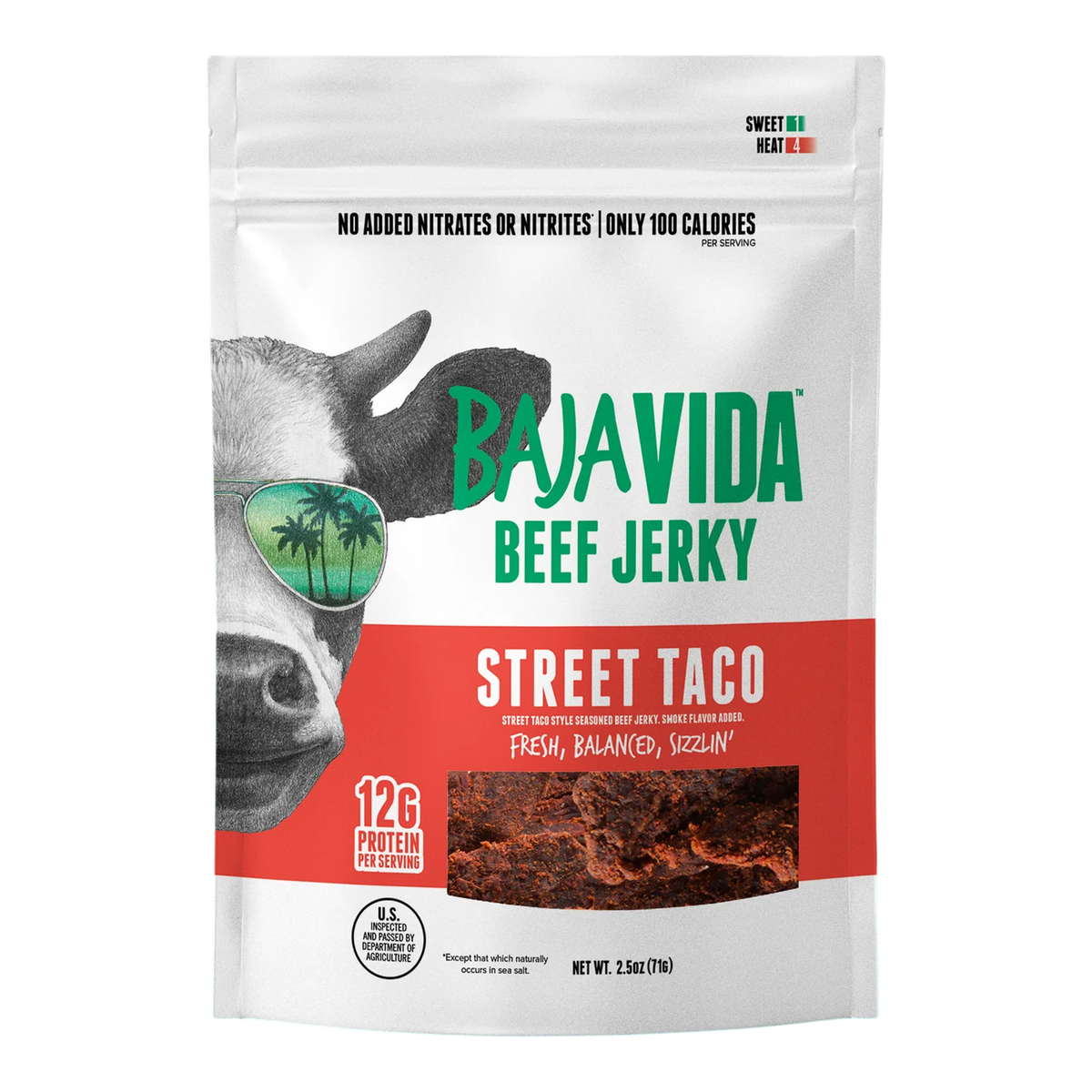 Baja Vida Street Taco Beef Jerky bag front with cow in sunglasses, red flavor panel and window showing seasoned jerky
