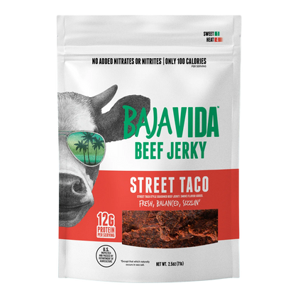 Baja Vida Street Taco Beef Jerky bag front with cow in sunglasses, red flavor panel and window showing seasoned jerky