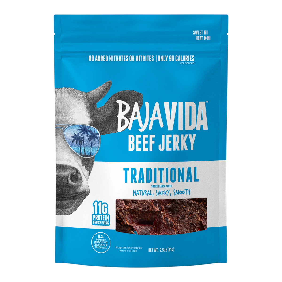 Baja Vida Traditional Beef Jerky bag, front, blue with a cow in sunglasses and a window showing dark pieces of jerky