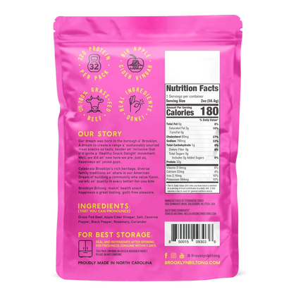 Brooklyn Biltong Naked Chili biltong back with Nutrition Facts, ingredients, storage tips and 32g protein badge