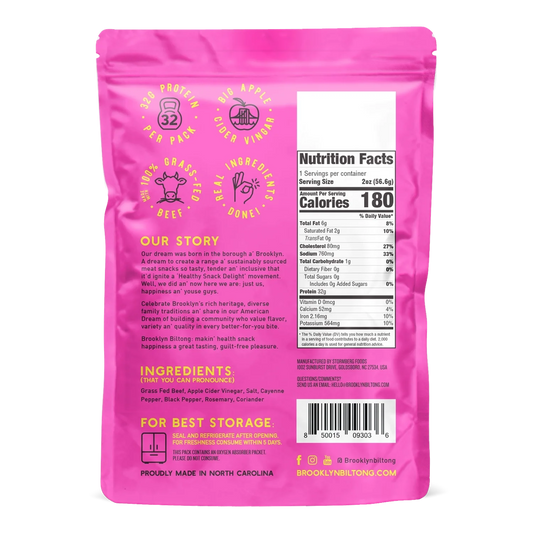 Brooklyn Biltong Naked Chili biltong back with Nutrition Facts, ingredients, storage tips and 32g protein badge