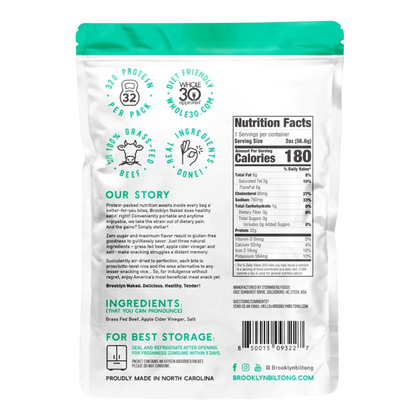 Brooklyn Biltong Garlic biltong back with Nutrition Facts, five-ingredient list, Our Story, storage instructions and barcode